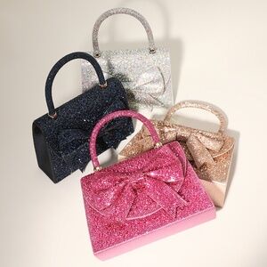 Bling Studded Bow Accented Top Handle Evening Hand Bag / Crossbody Bag